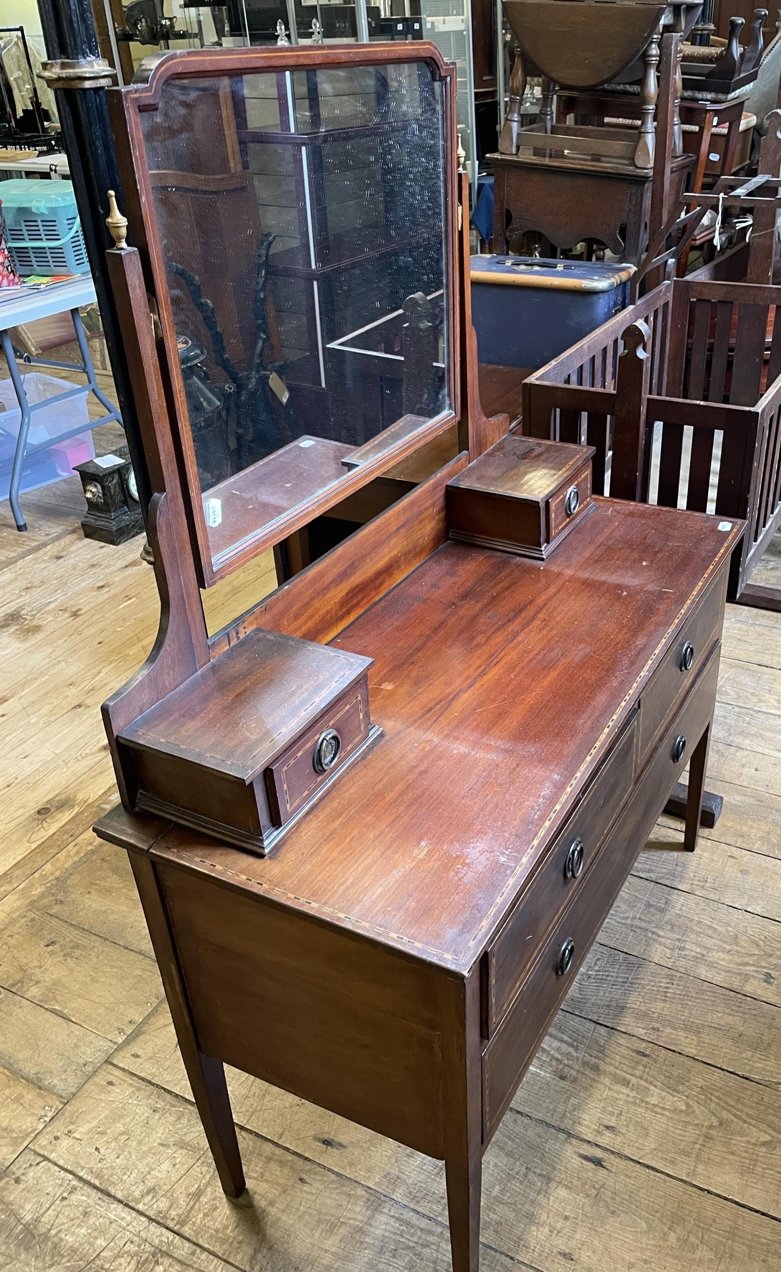 A mahogany armchair, a dressing chest, a drop leaf table, another, a wall clock, and a two tier - Image 3 of 6