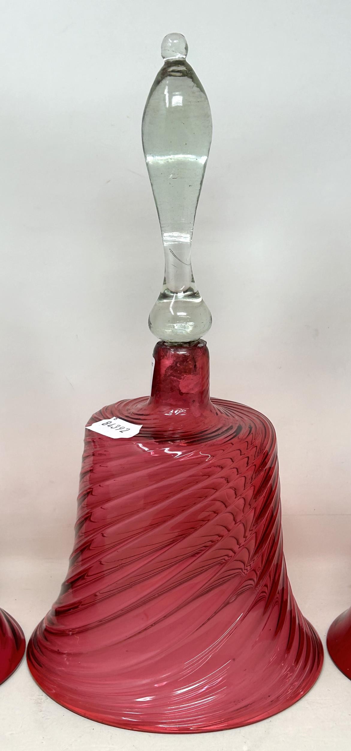 A cranberry and clear glass bell, 34 cm high, and two others, all lacking ringers (3) - Image 3 of 5