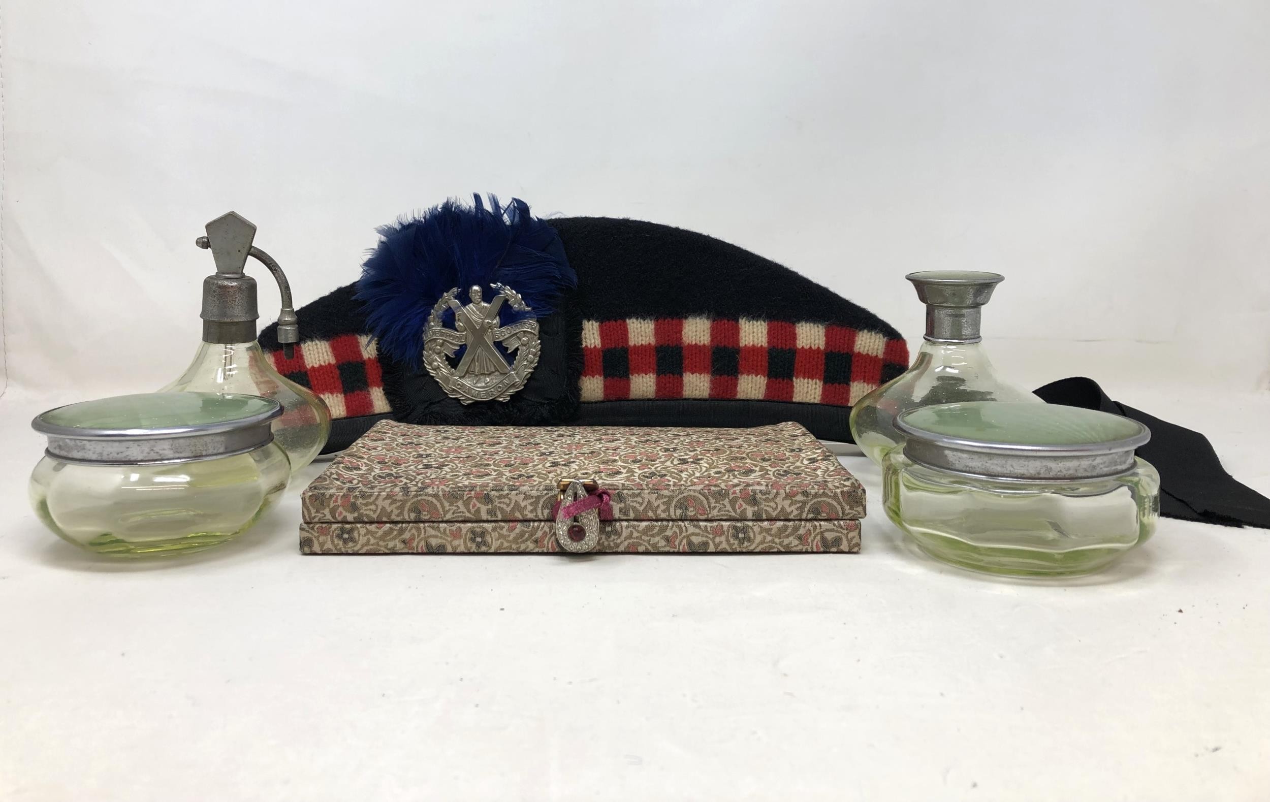 An Art Deco style silk purse, a Glengarry hat, and part of a dressing table set Provenance:  Sold on - Image 2 of 2