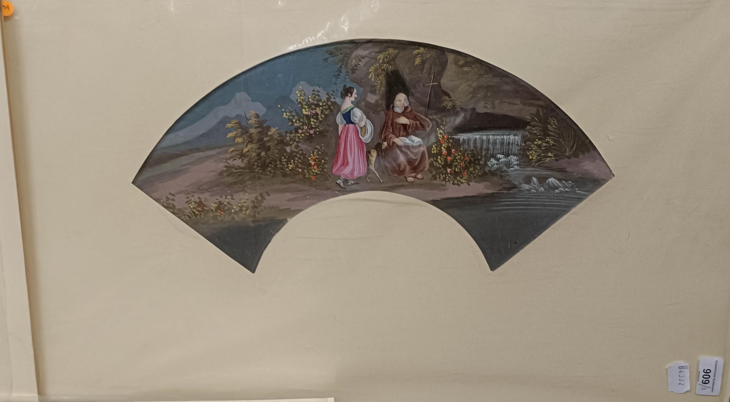 A fan picture, two figures by a waterfall, 44 cm wide, mounted, and two others, Persian school, - Image 6 of 15