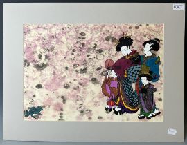 A Japanese fan picture, 50 cm wide, and a modern Japanese print, 33 x 50, a modern Chinese