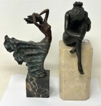 A 20th century bronze figure, of a nude, on a marble base, 30 cm high and another (2)
