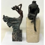 A 20th century bronze figure, of a nude, on a marble base, 30 cm high and another (2)