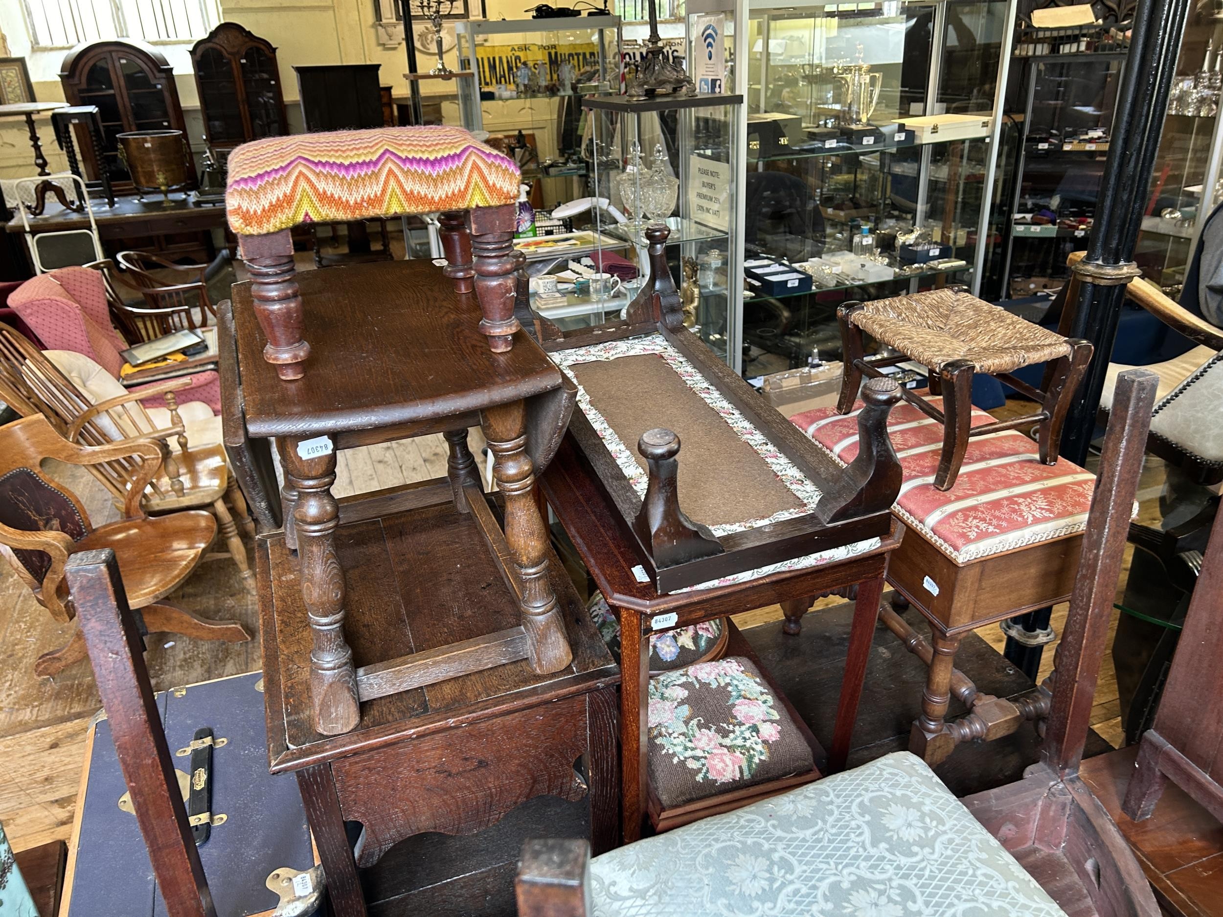 A trunk, a two tier table, a wine table, a glazed bookcase, seven stools, and two side tables (13) - Image 2 of 3