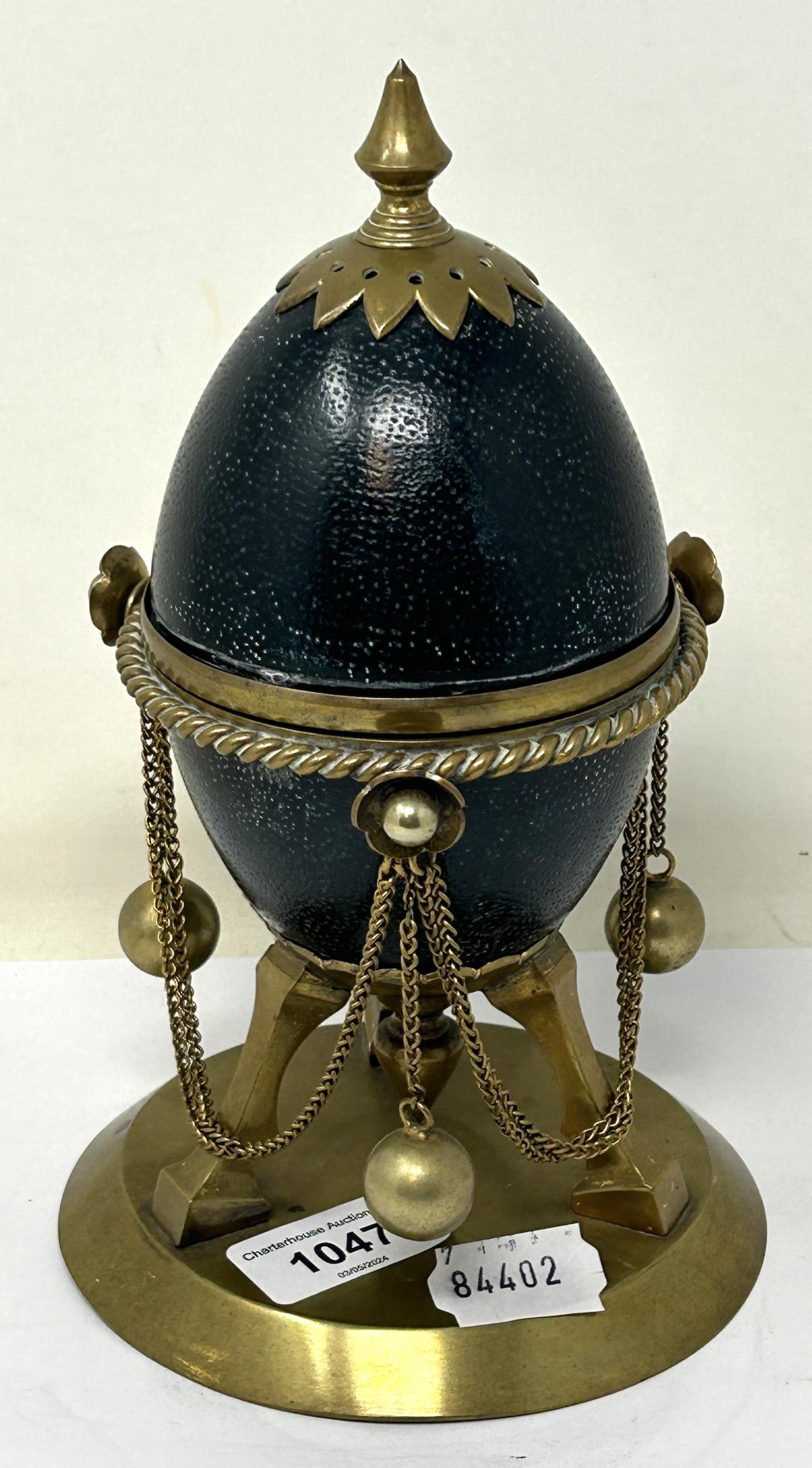 A late 19th century novelty inkstand, in the form of a brass mounted Emu egg, 23 cm high - Image 4 of 4