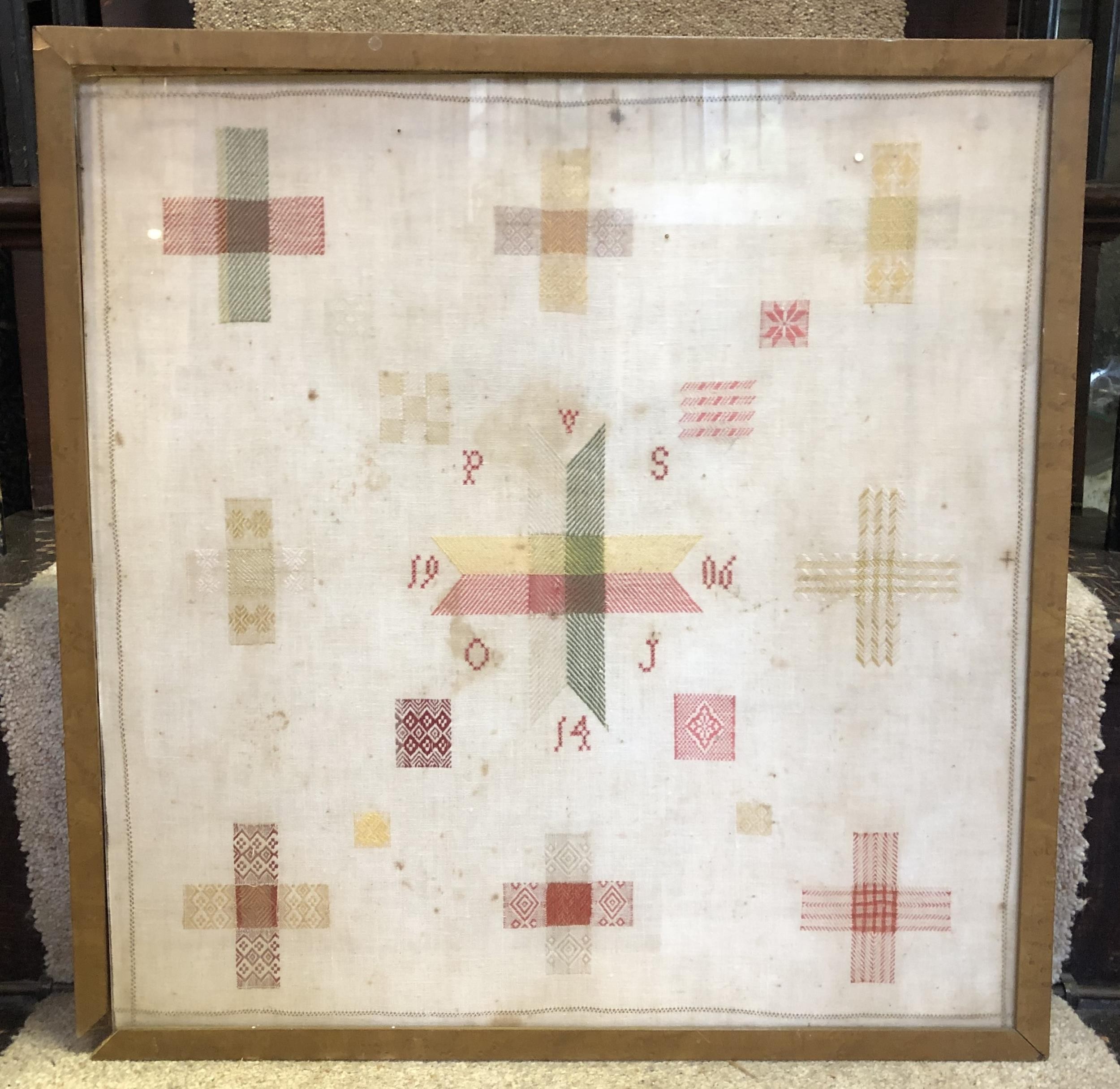 A sampler, demonstrating various stitches, initialled and dated/numbered 19/06/14, 43 x 42 cm