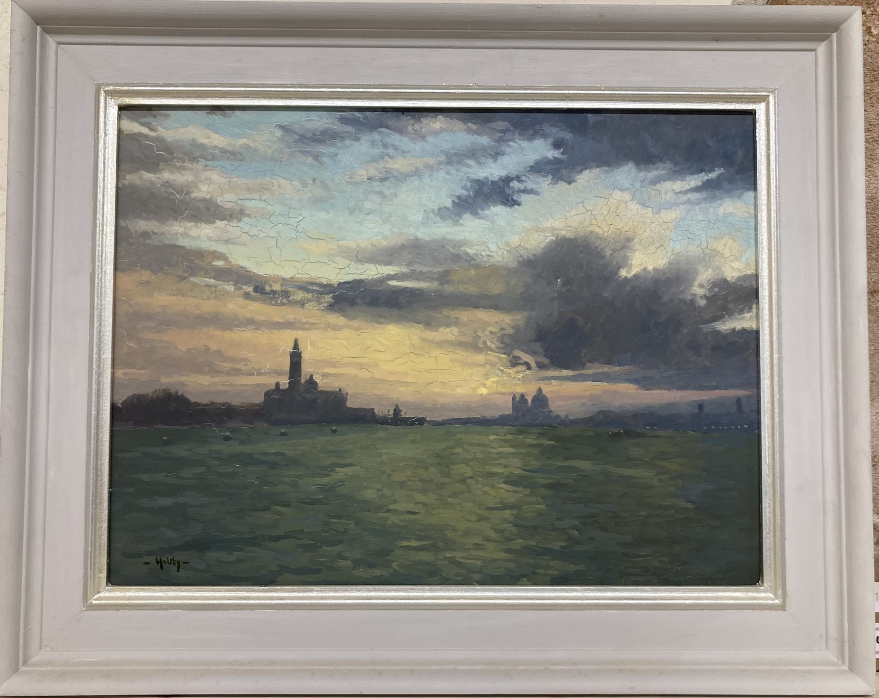 Julian Halsby, Last Light, Venice, oil on board, signed, 29 x 39 cm, and a landscape, oil on - Image 2 of 6