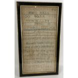 A 19th century sampler, by Janet Giles, 46 x 24 cm Condition poor, faded, various holes