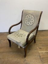 A mahogany armchair, a dressing chest, a drop leaf table, another, a wall clock, and a two tier