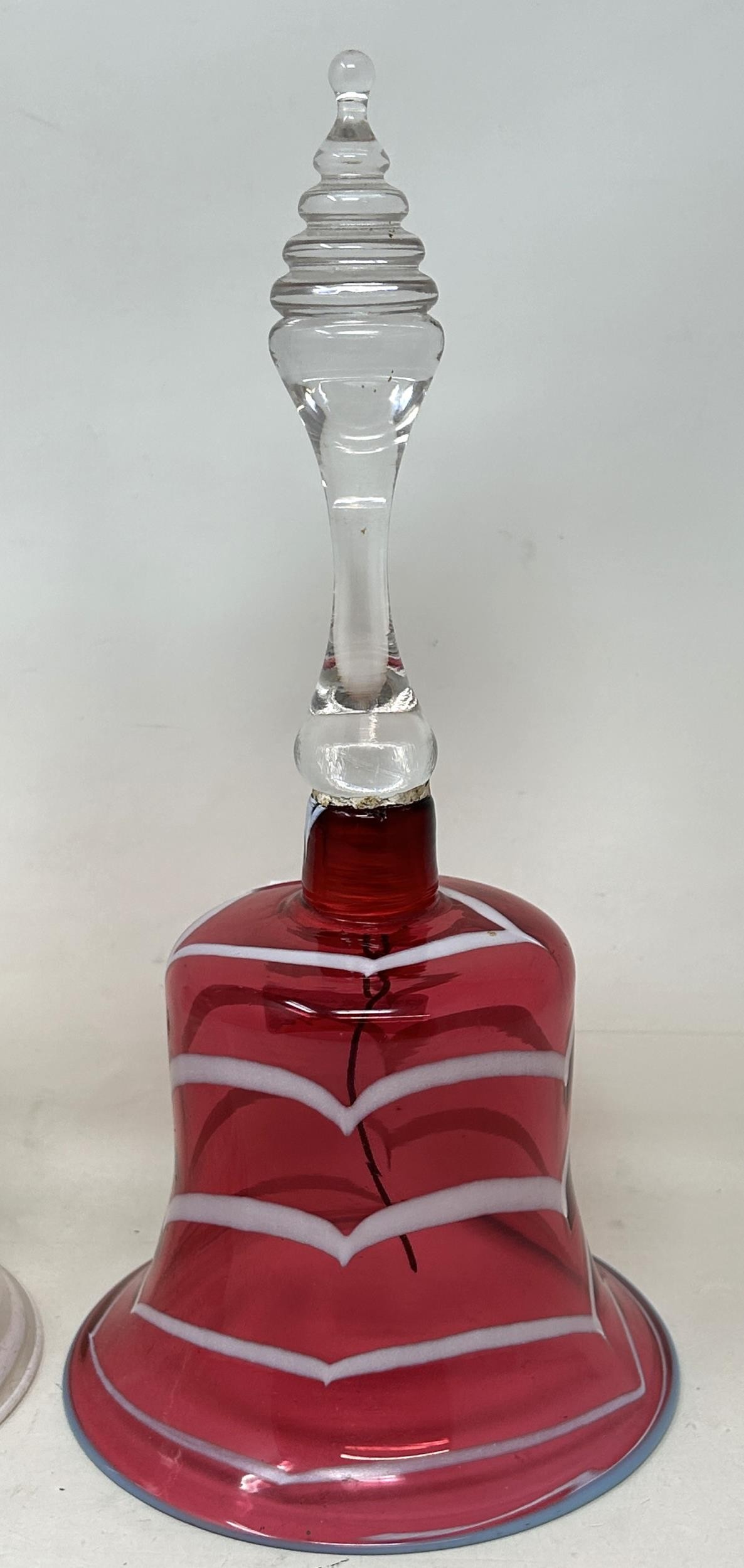 A cranberry, opaque and clear glass bell, 28 cm, and another glass bell, lacking ringers - Image 3 of 5