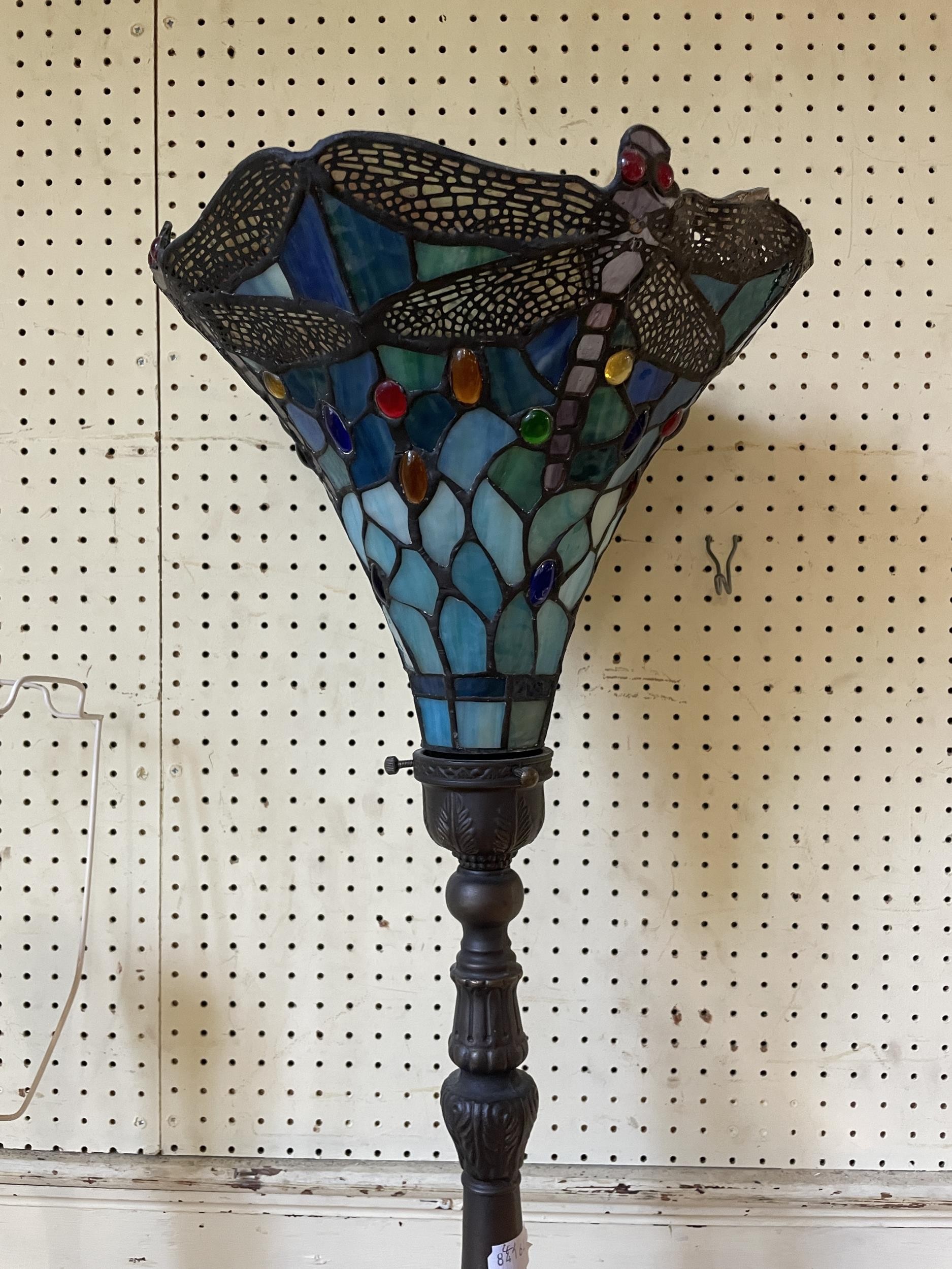 A Tiffany style standard lamp, five other standard lamps, and two side tables (8)