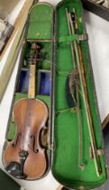 A student's violin, and a split cane fishing rod (2) violin in very poor condition