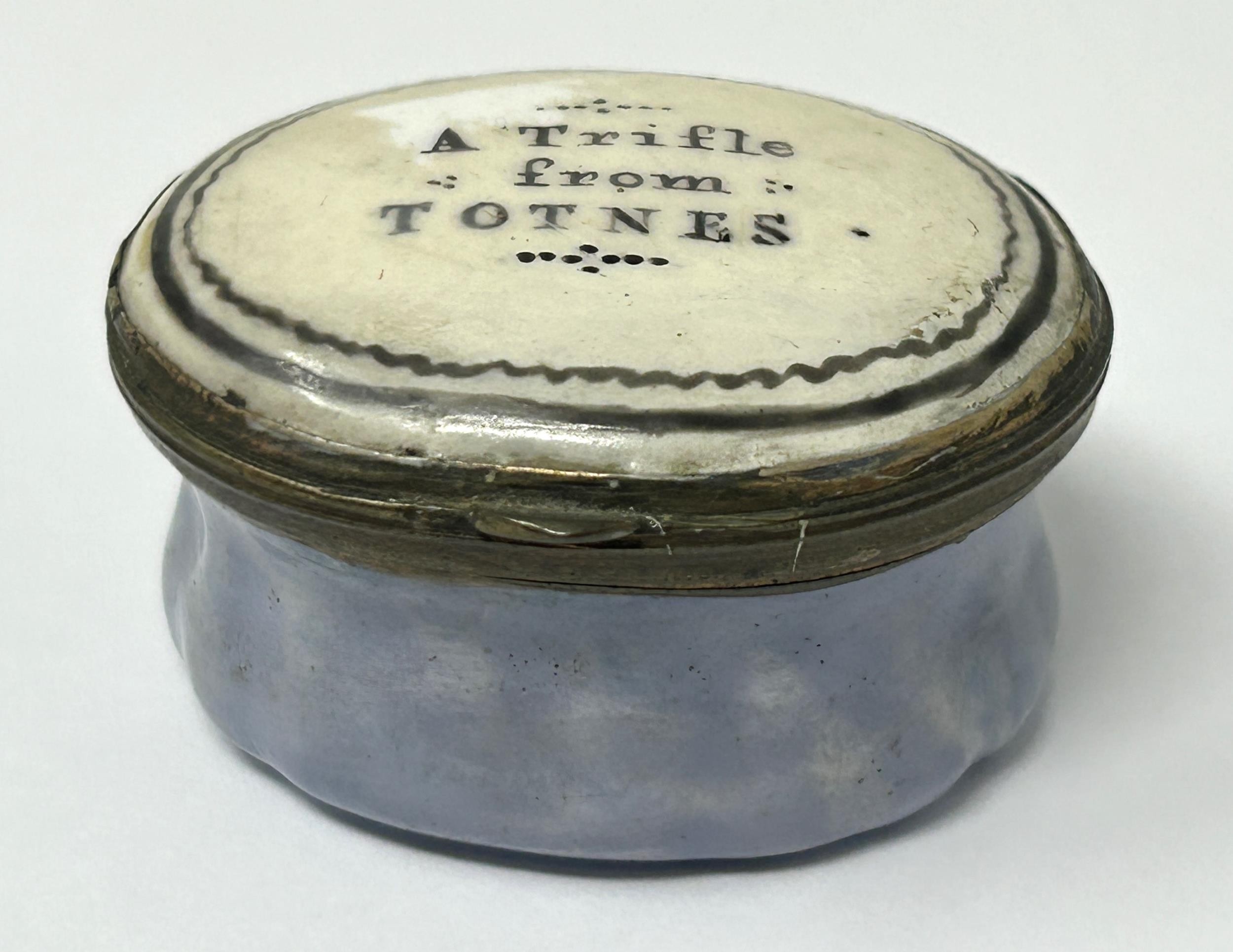 A George III enamel patch box, the lid reading A Trifle From Totnes, 2.4 cm wide some restoration - Image 3 of 5