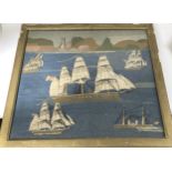 A Victorian sailor woolwork panel, decorated steam and other ships, with a lighthouse in the