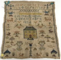 A 19th century sampler, signed Selina Knight, aged 11, dated 1856, 35 x 33 cm