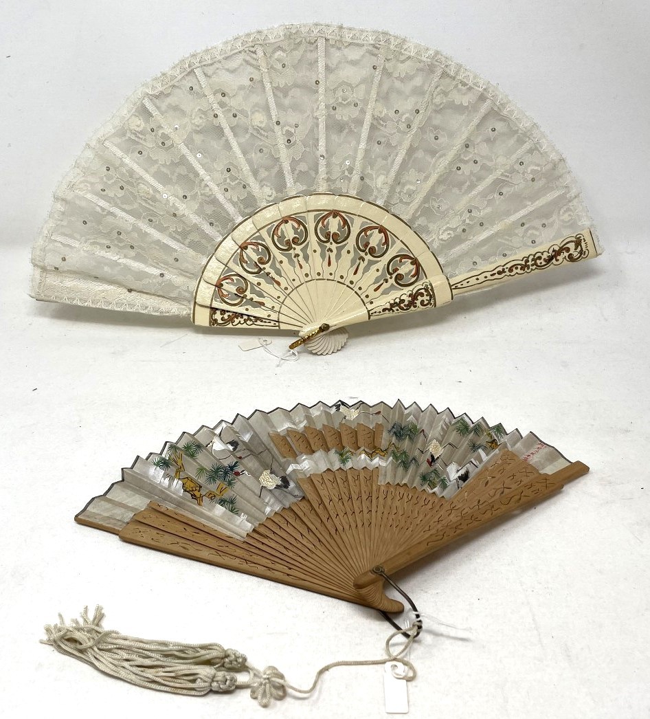 A carved ebony fan, lace painted flowers, 36 cm, and five other fans  (6)