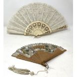 A carved ebony fan, lace painted flowers, 36 cm, and five other fans  (6)