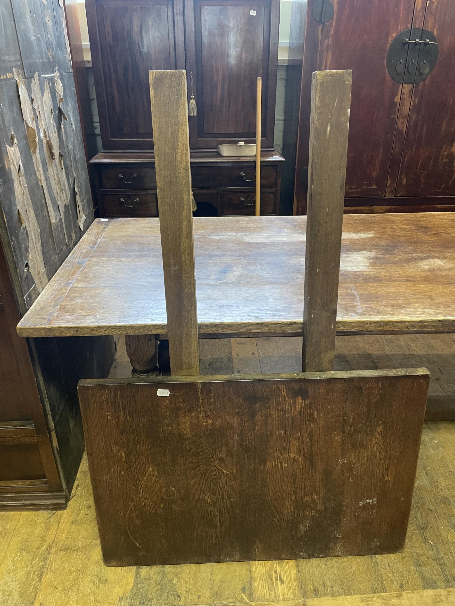 An oak  refrectory table dining table, the top 225 cm x 86 cm with, a later extension 63 cm wide - Image 2 of 2