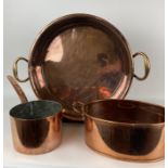 A brass and copper preserve pan, assorted copper, and a set of graduated copper pans, with brass