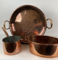 A brass and copper preserve pan, assorted copper, and a set of graduated copper pans, with brass