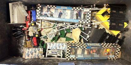 Assorted vintage Scalextric items, in a vintage tin trunk