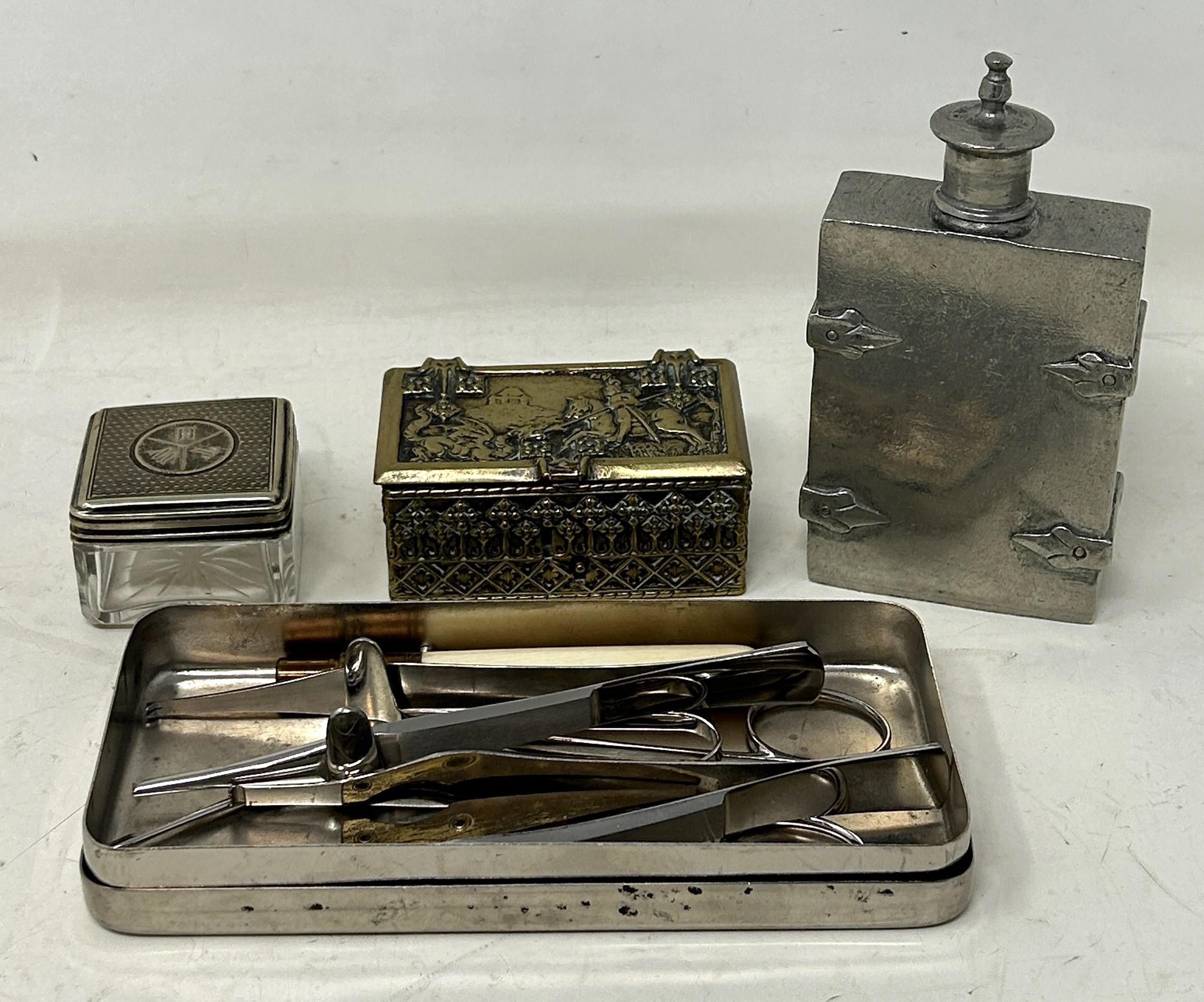 A 19th century stamp box, decorated St George and the Dragon, assorted medical instruments, and a