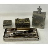 A 19th century stamp box, decorated St George and the Dragon, assorted medical instruments, and a