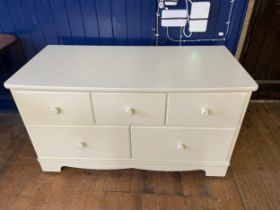 An oak chest, 92 cm wide, a painted chest 128 cm wide and a table (3)