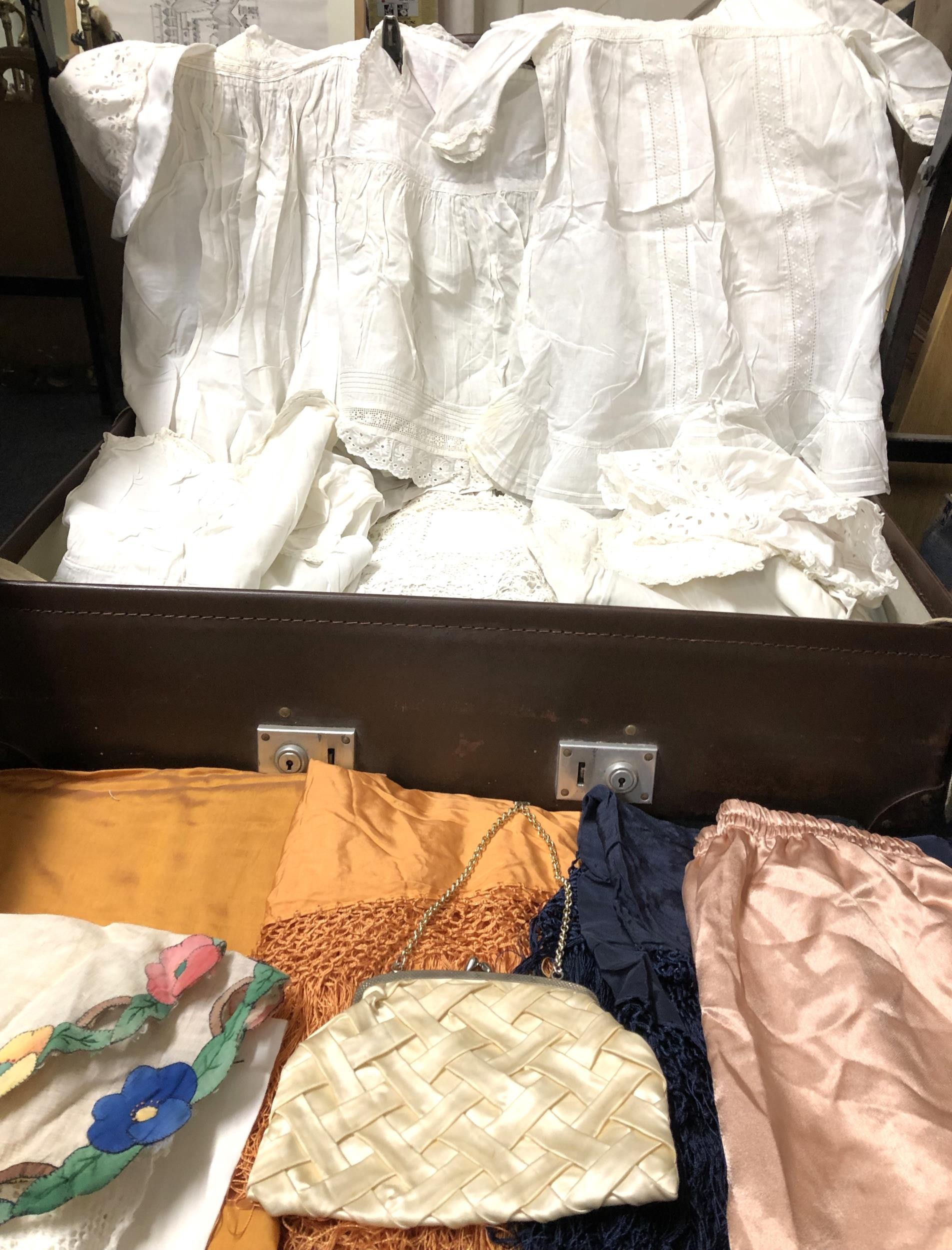 A silk shawl, assorted vintage textiles and costumes (suitcase) - Image 3 of 4