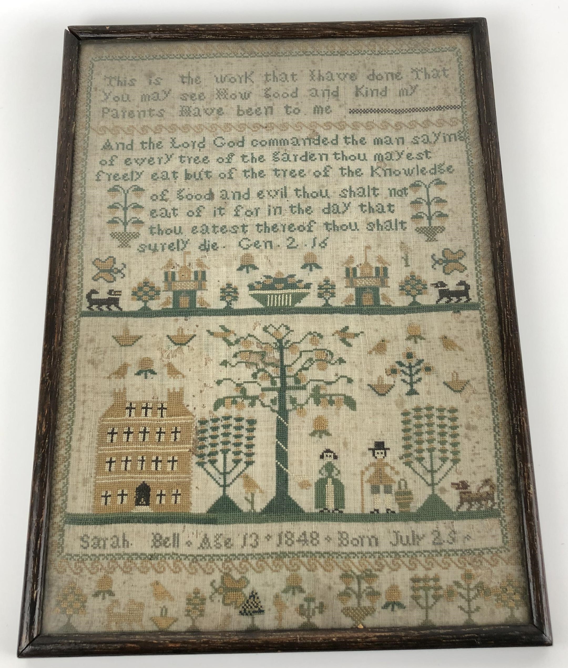 A 19th century sampler, by Sarah Bell, aged 13, born July 25 1848, 34.5 x 24.5 cm Provenance: