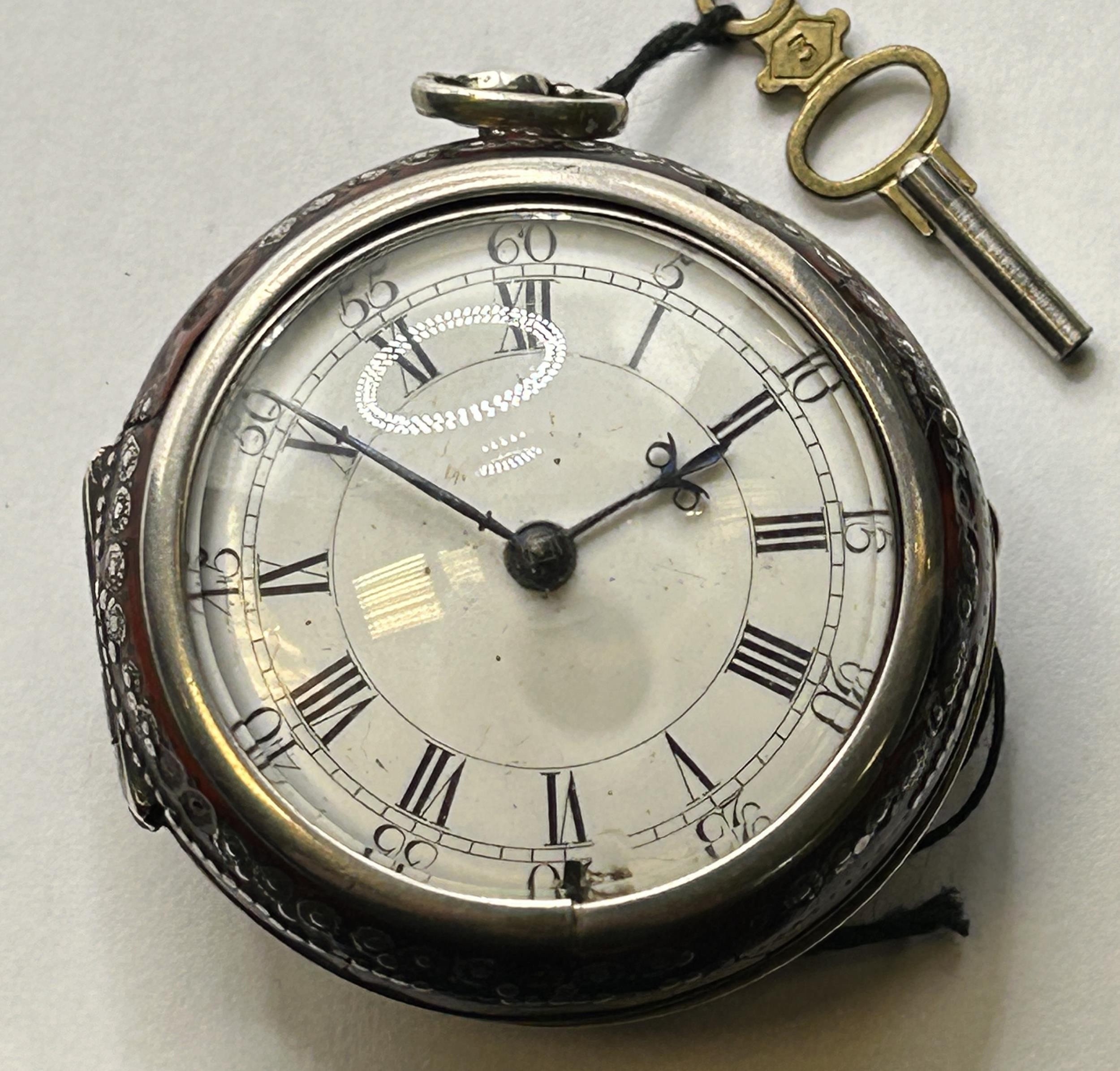An 18th century silver pair cased pocket watch, the enamel dial with Roman numerals, the movement - Image 2 of 11
