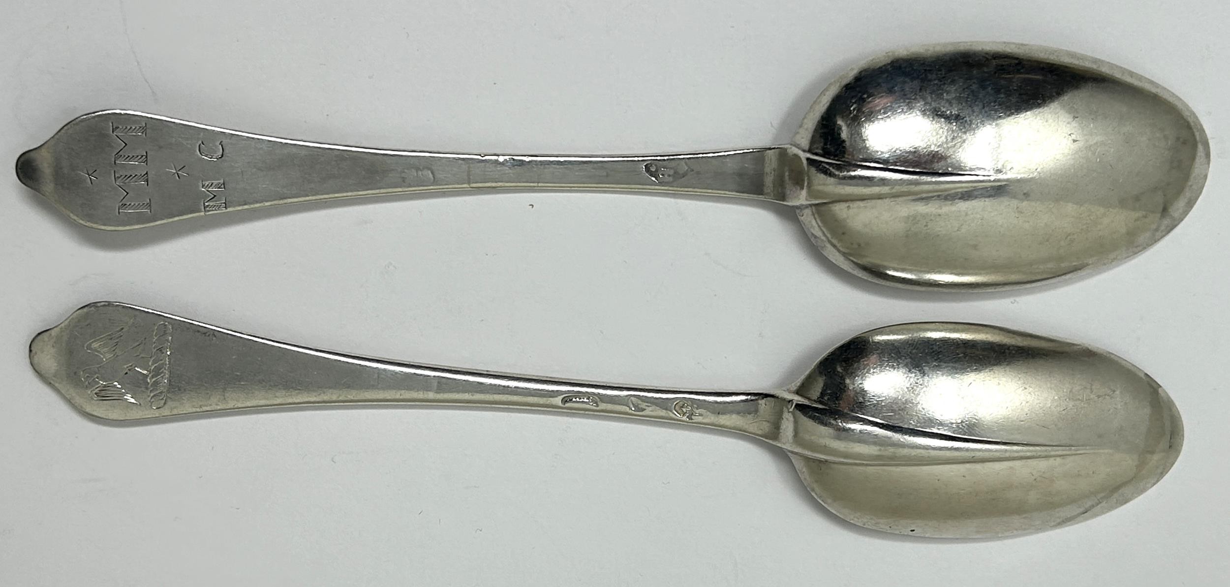 Two matching 18th century silver trefid rat tail spoons, marks rubbed, 1.2 ozt some repairs - Image 2 of 5