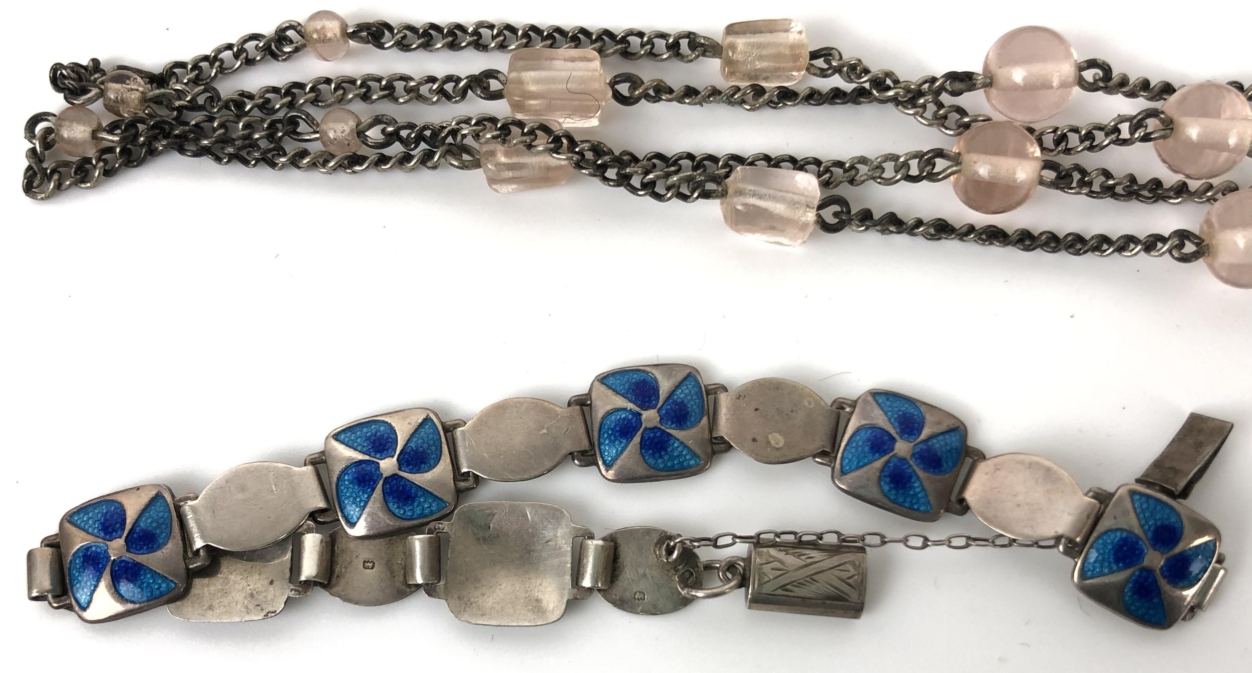 A silver coloured metal and enamel bracelet, another similar, a cross pendant, two bronze figures of - Image 4 of 6