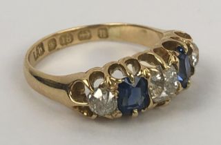 An 18ct gold, sapphire and diamond five stone ring, ring size J weight: 3.5 g all in diamond: 5.4 mm