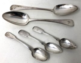 A pair of George III Old English pattern silver spoons, three teaspoons, various dates and marks,