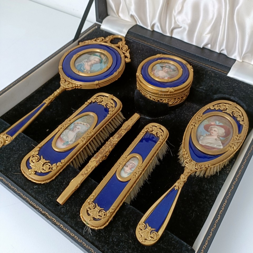 An impressive early 20th century gilt metal and blue enamel dressing table set, inset with - Image 2 of 10