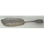 A George III silver fiddle pattern fish slice, with a pierced blade, decorated acorns, London