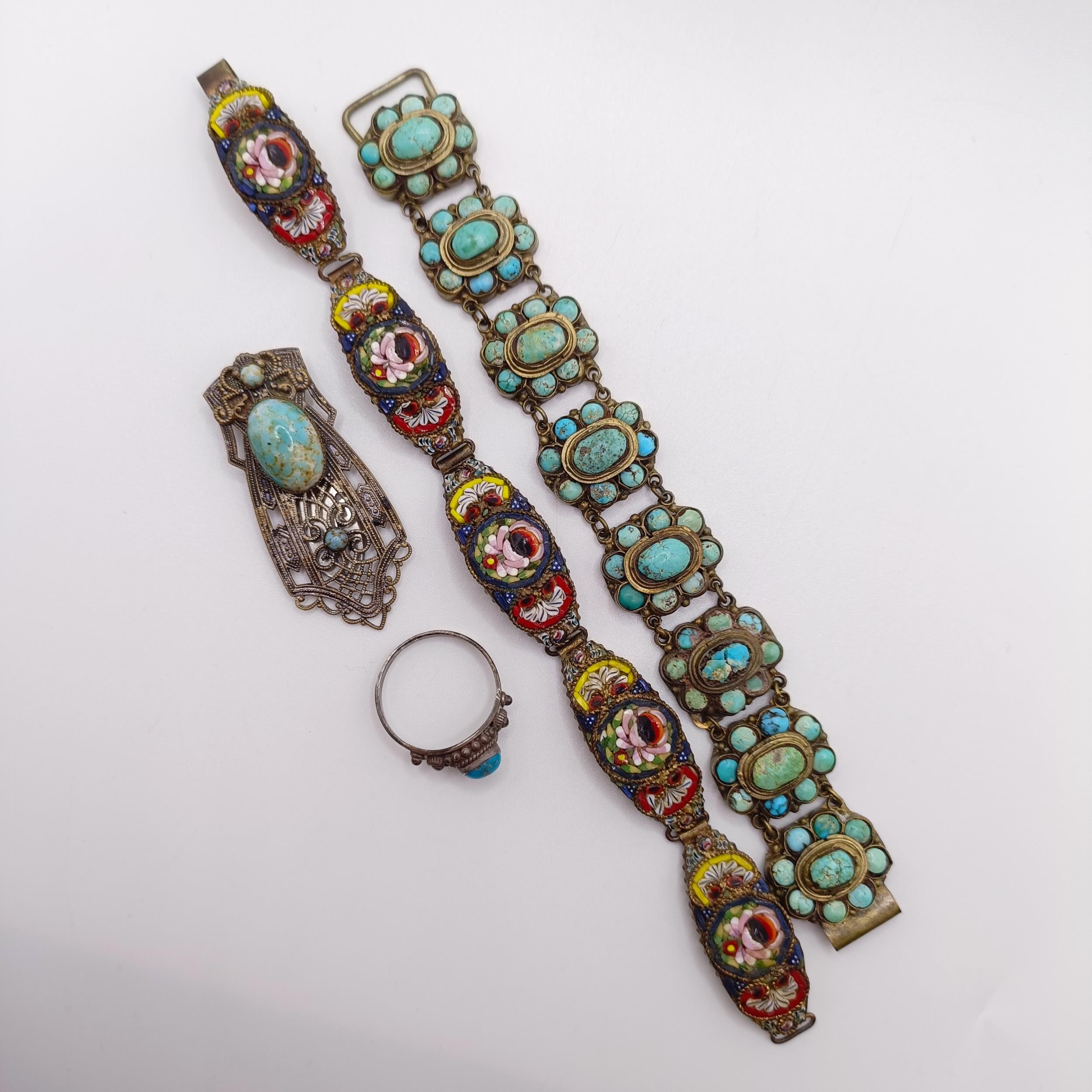 An Indian gilt metal and turquoise bracelet, a micro-mosaic bracelet, a clip and a ring, ring size Q - Image 2 of 11