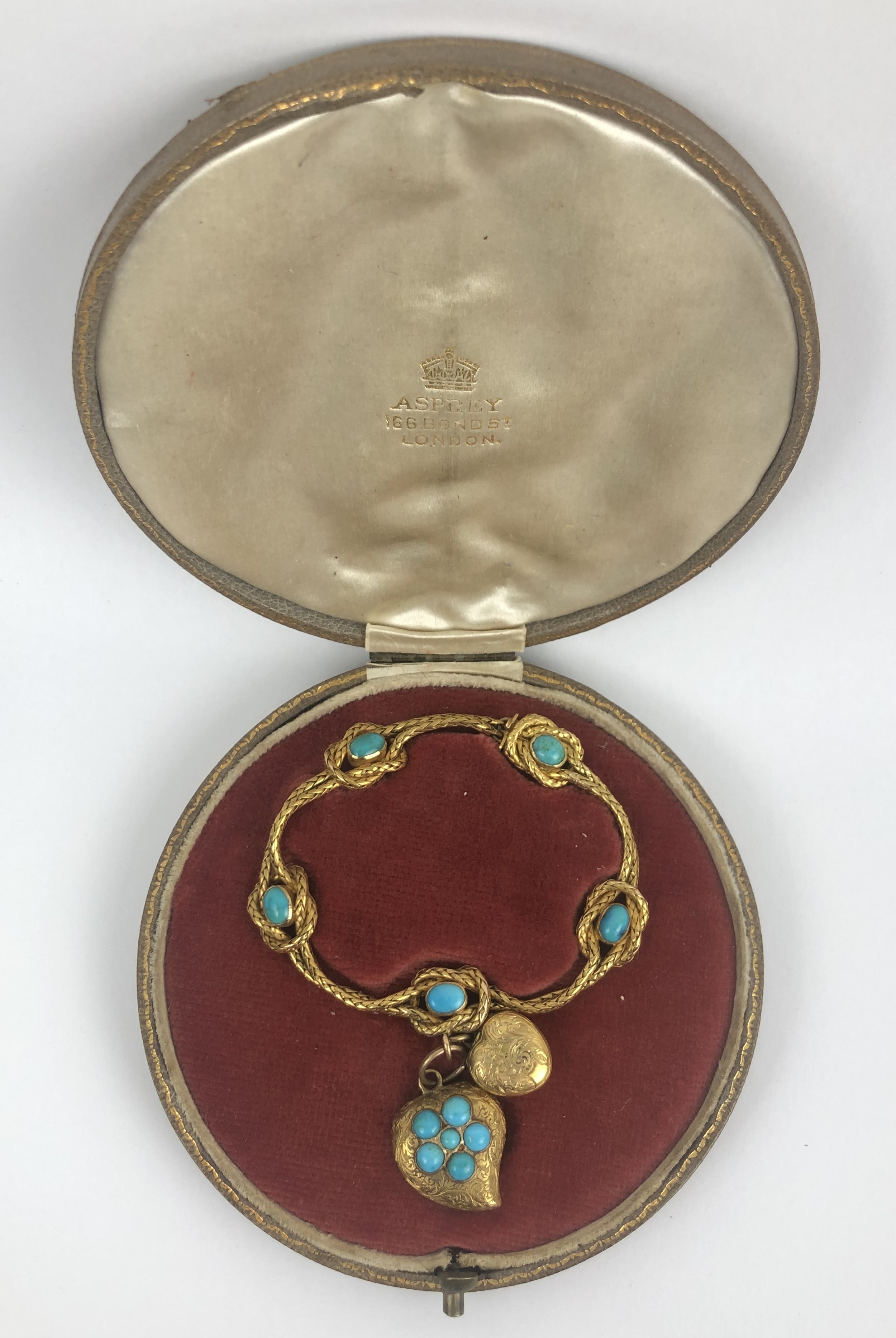 A Victorian yellow coloured metal and turquoise bracelet, in an associated Asprey case Bracelet - Image 3 of 7