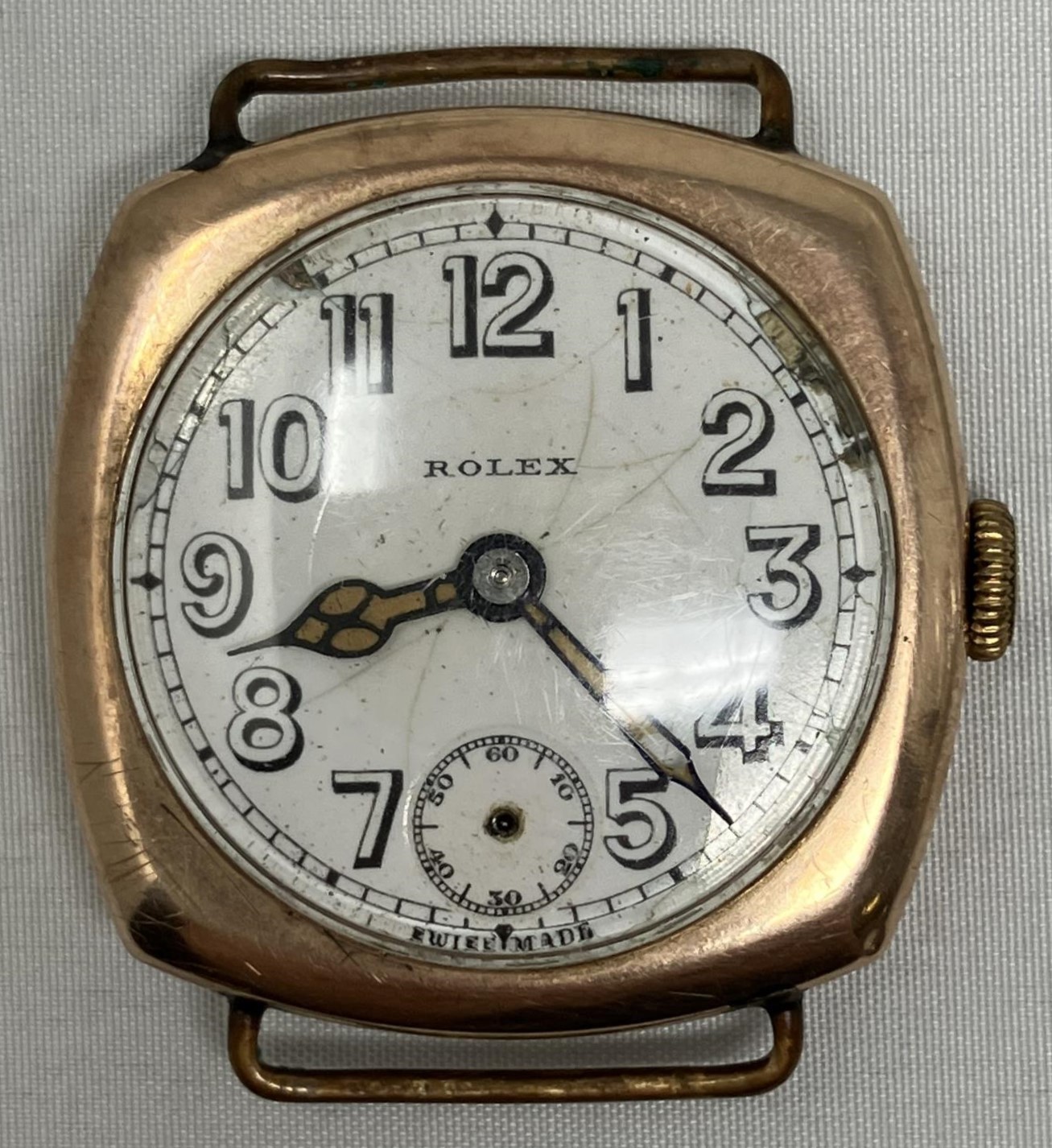 A gentleman's gold Rolex wristwatch, with Arabic numerals and seconds dial Loss of seconds hand,