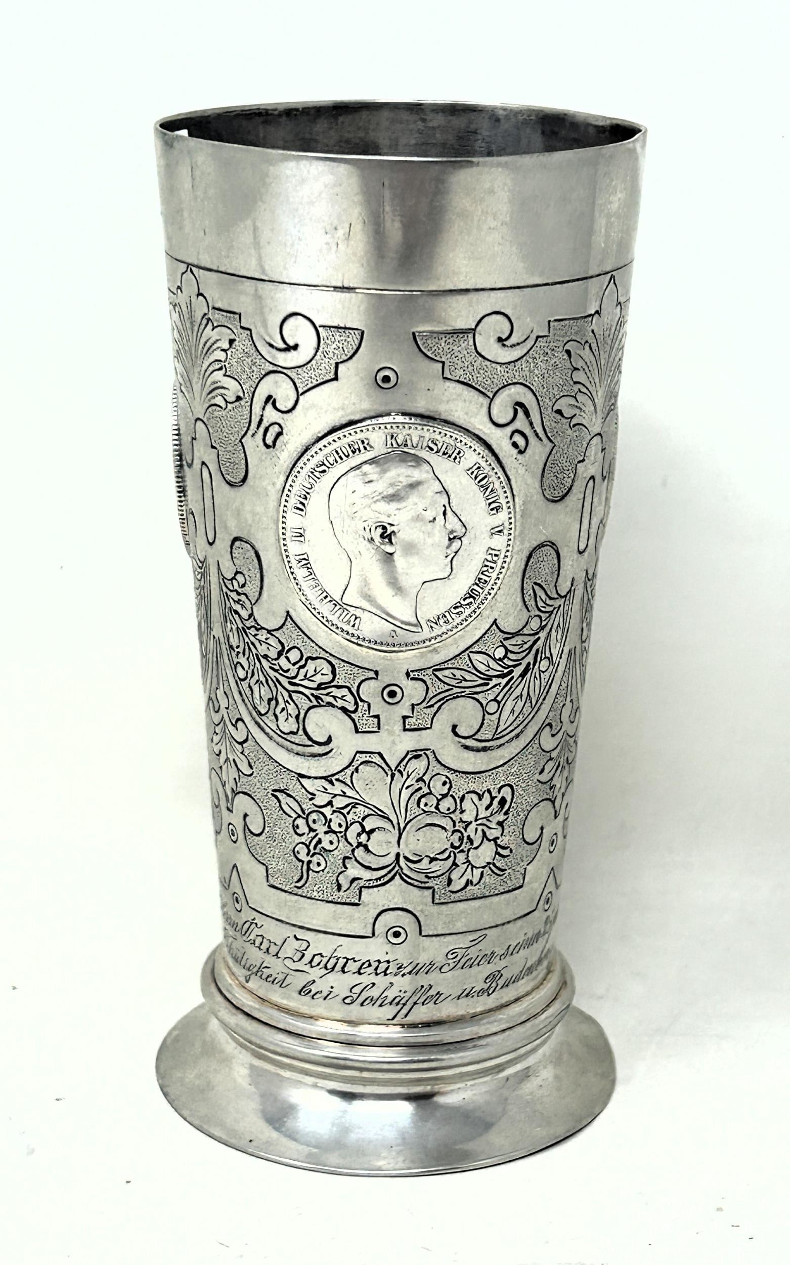 A Continental silver coloured metal beaker, inset with coins, .800 6.4 ozt - Image 2 of 9