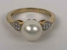 A 9ct yellow gold, cultured pearl and multi-set diamond ring, R/C diamonds 0.10ct, ring size N