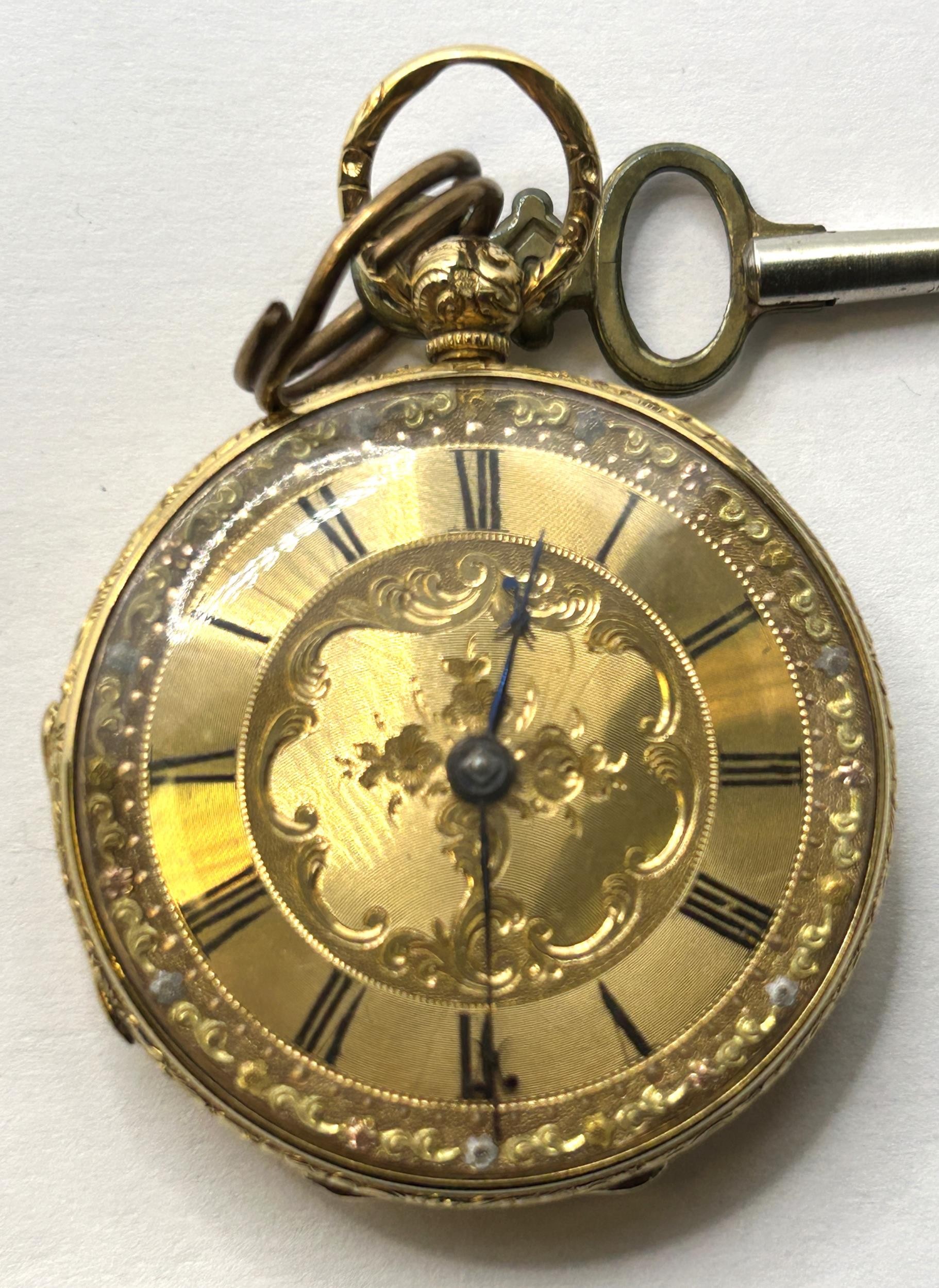 An 18ct gold fob watch, the gilt dial with Roman numerals 36 mm outer case diameter all in 42.9 g ( - Image 3 of 7