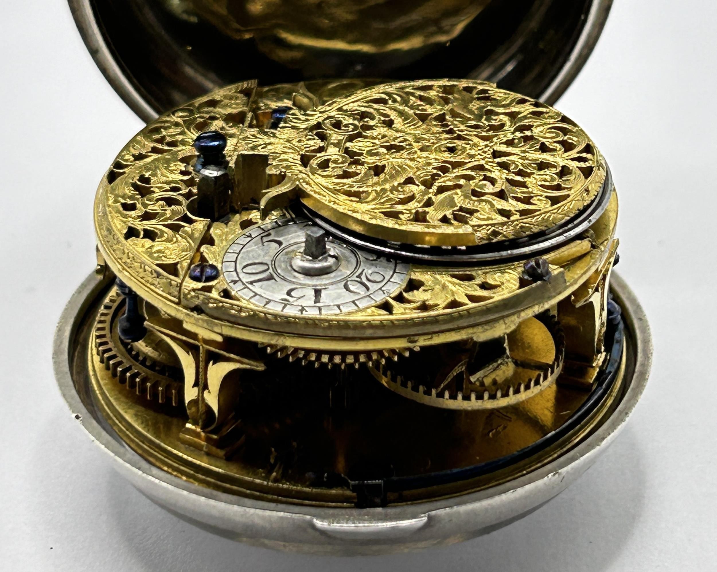 An 18th century silver pair cased pocket watch, the enamel dial with Roman numerals, the movement - Image 9 of 11