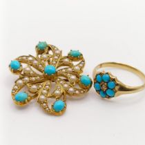 A 15ct gold seed pearl and turquoise brooch, and a similar ring (2)