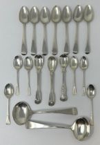 A pair of George III Old English pattern sauce ladles, and assorted teaspoons, 10.4 ozt