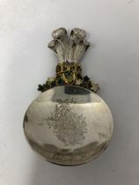 A silver and enamel caddy spoon, by Stuart Devlin, the handle in the form of fleur de lys, London
