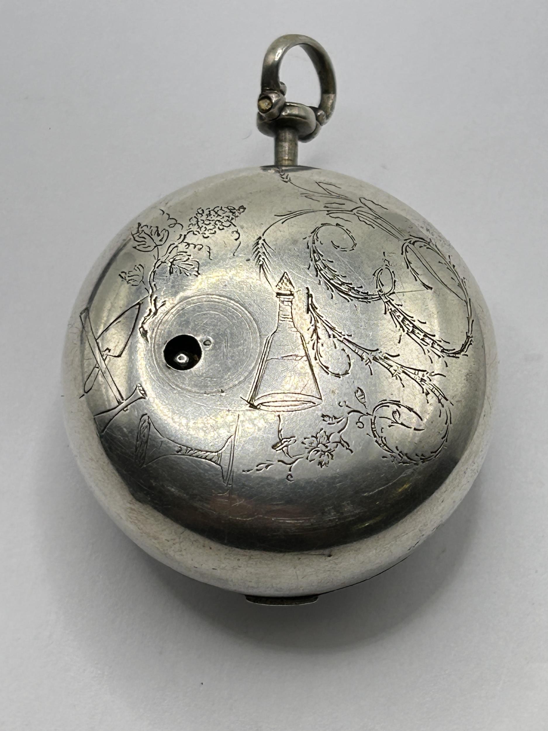 An 18th century silver pair cased pocket watch, the enamel dial with Roman numerals, the movement - Image 8 of 11