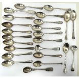 A George III fiddle pattern mustard spoon, assorted other teaspoons, 2 ozt, and three sets of six