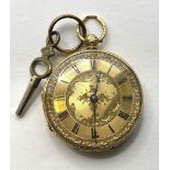 An 18ct gold fob watch, the gilt dial with Roman numerals 36 mm outer case diameter all in 42.9 g (